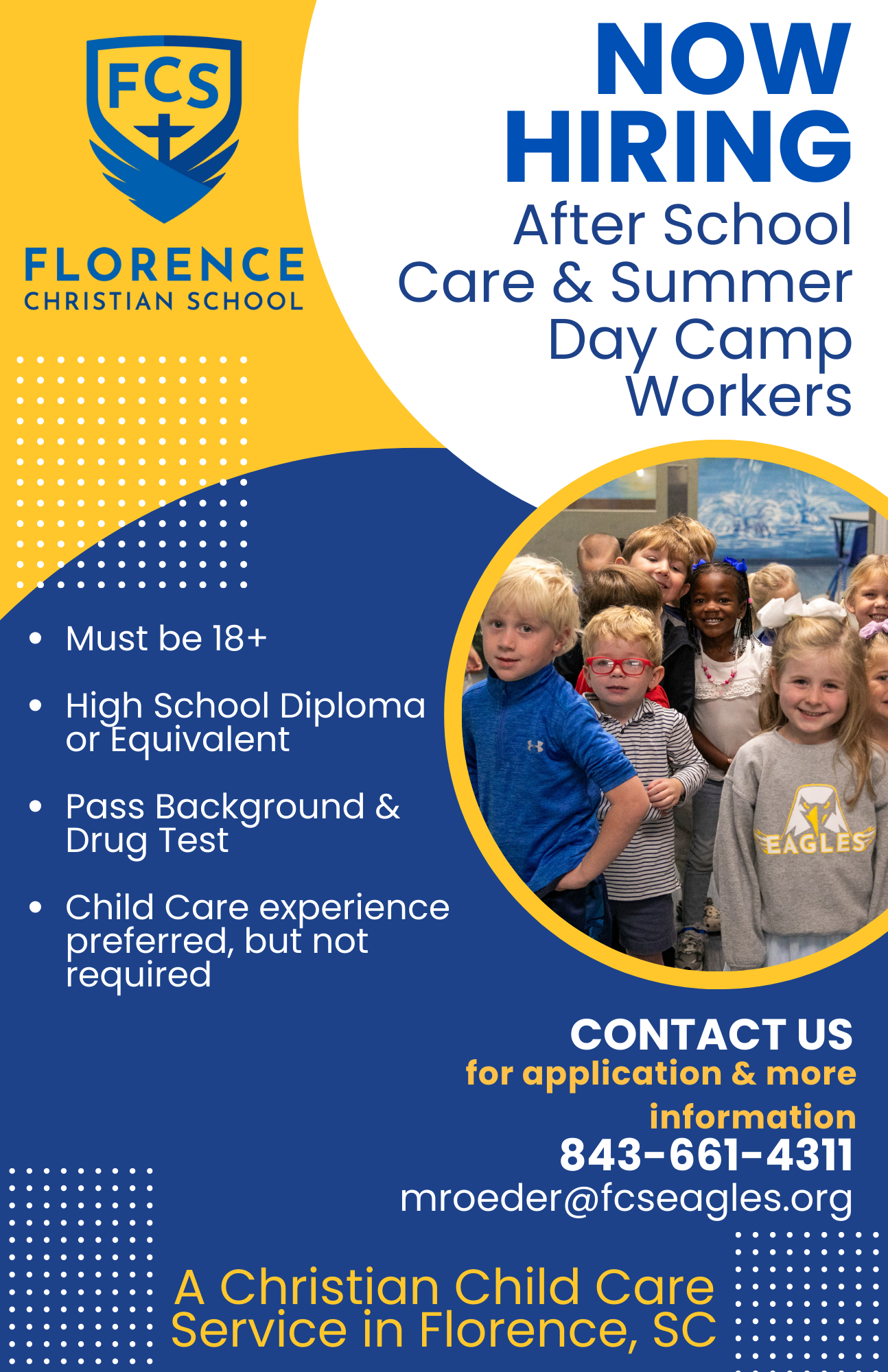 Job opportunity at Florence Christian School, hiring after-school care and summer day camp workers